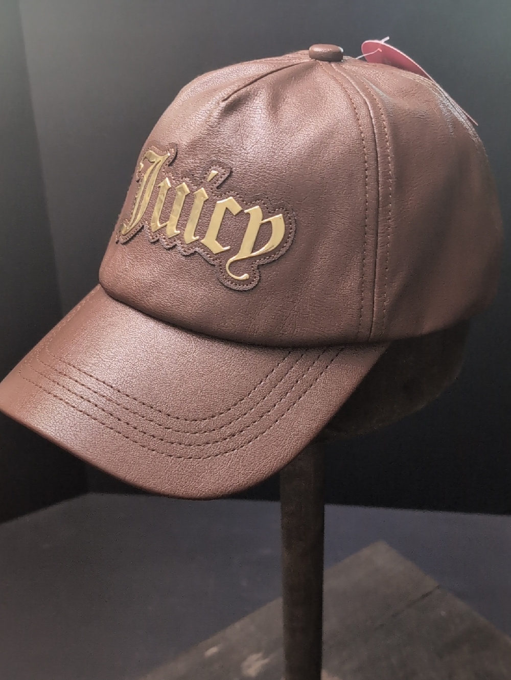 NWT,Juicy Couture Brown Vegan Leather Baseball Hat with Gold Logo.